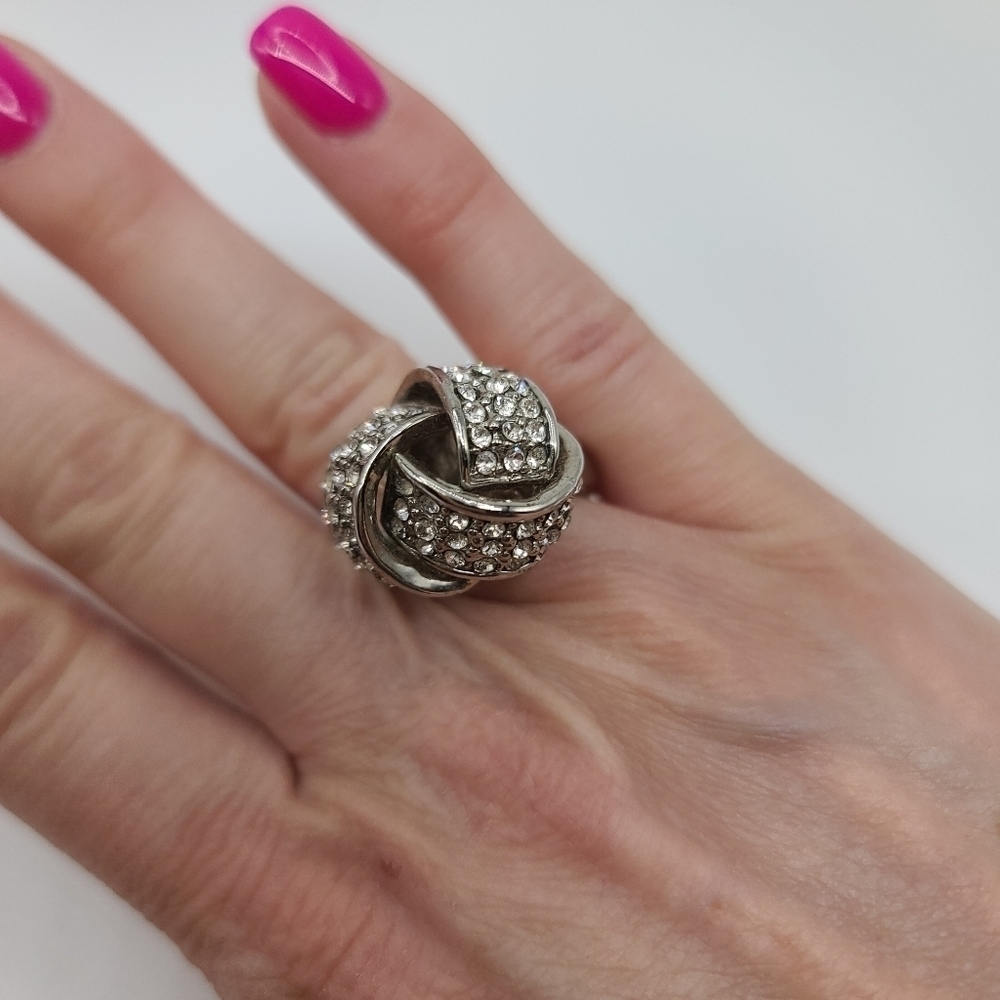 Costume Silver Tone Crystal Knot Ring